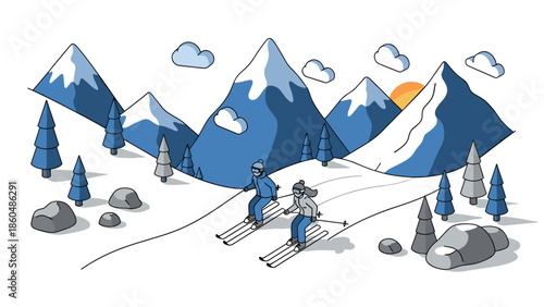 Winter mountain adventure with skiers in cartoon style snowy landscape