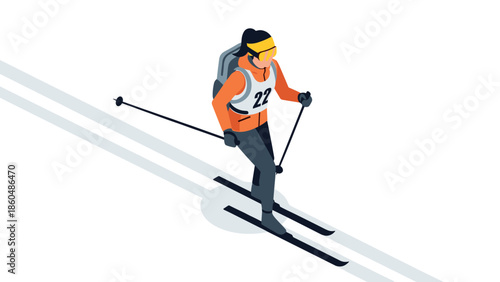 Isometric cross-country skiing athlete in action on snowy terrain