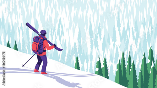 Winter adventure in snowy landscape with skier and forest scenery