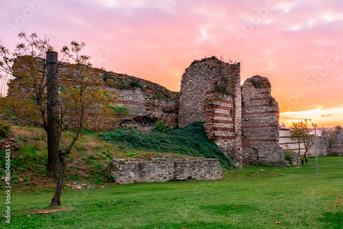 The Theodosian Walls gate view in Istanbul. The Theodosian Walls were built to defense Byzantine Empire.