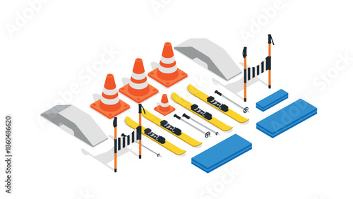Isometric skiing equipment set with traffic cones and barriers on white background