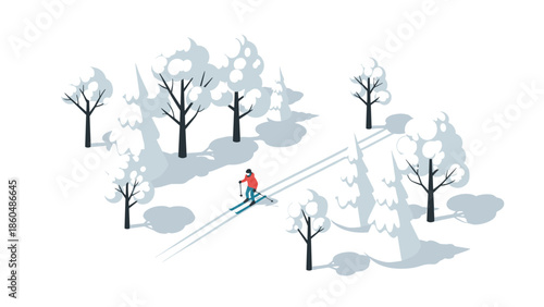 Winter landscape with skier and snow-covered trees in isometric style