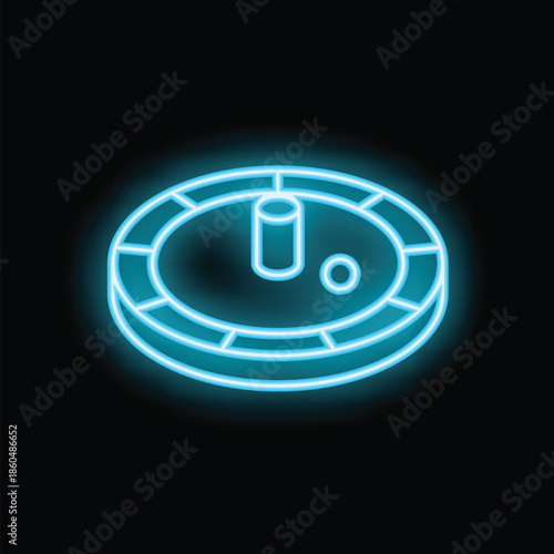 Bright blue neon sign of a spinning roulette wheel, representing the excitement and risk of casino games