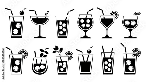 A comprehensive set of black and white silhouette icons illustrating various cocktails in different glasses