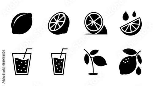 A collection of eight black silhouette icons representing lemons, juice, and citrus elements