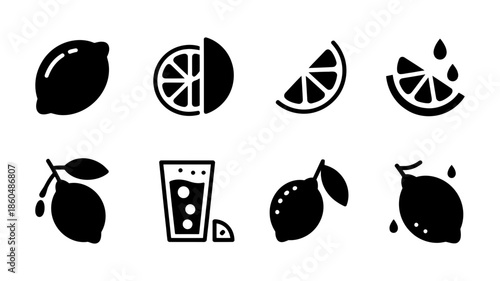 A collection of black silhouette icons representing lemons, slices, juice, and lemonade.