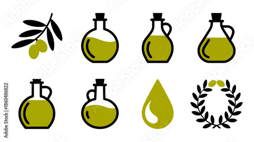 A collection of stylized olive oil icons representing bottles, a branch, and a decorative wreath