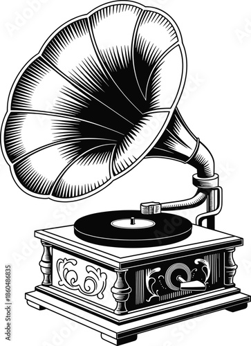 Vintage, gramophone illustration antique phonograph record player music history vector engraving style retro audio device classic decorative design icon