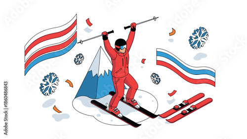 Dynamic winter sports scene with skier celebrating in bold graphic style