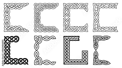 A collection of eight intricate celtic knot corner borders and decorative designs