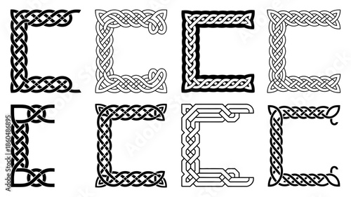 A set of eight unique celtic knotwork corner designs for decorative borders and frames