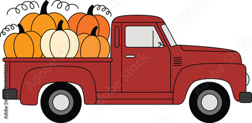 Vintage, red pickup truck loaded with pumpkins autumn harvest illustration for Thanksgiving Halloween farm seasonal design rustic fall festival artwork