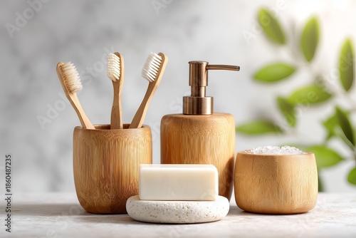 Eco-Friendly Wooden Bathroom Accessories Set – Bamboo Toothbrushes, Soap, and Dispenser | Sustainable Zero Waste Bathroom Still Life and Wellness Concept