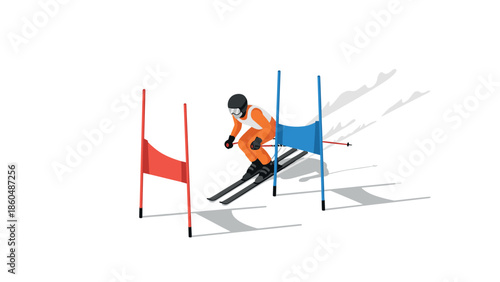 Skier navigating slalom course in dynamic flat design winter sports scene