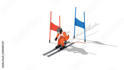 Isometric skier racing downhill, slalom course with gates