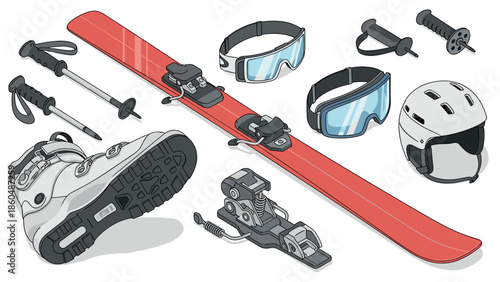 Winter sports equipment: isometric ski gear collection featuring red skis and safety accessories