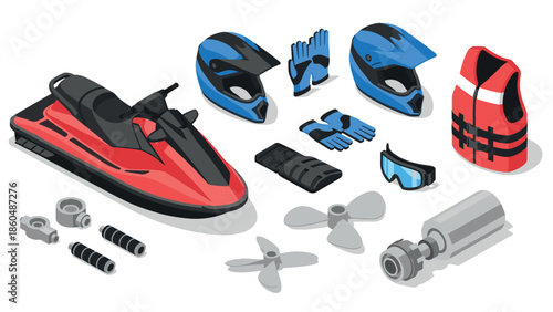 Isometric jet ski gear set with safety helmets and accessories in blue and red