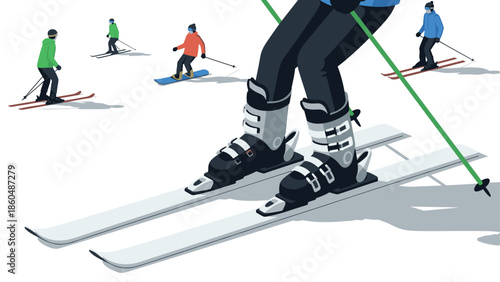 Winter sports scene with skiers and snowboarders in action on a snowy slope