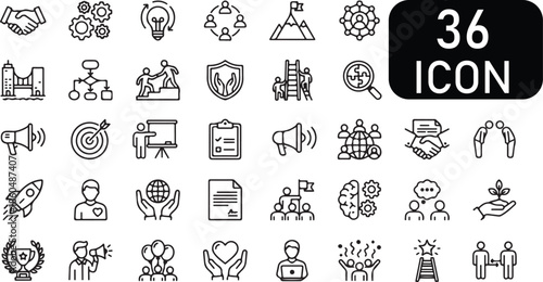 A set of 36 black line icons depicting business and communication concepts in a minimalist style