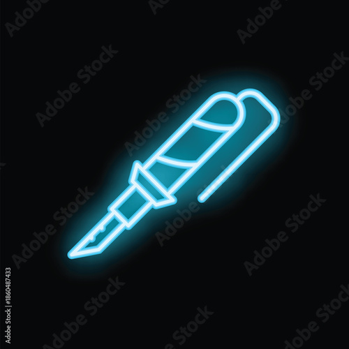 Blue neon sign of a soldering iron glowing on dark background, perfect for diy, electronics repair and technology concepts