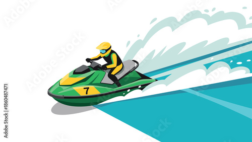 Dynamic jet ski racer in motion with water splash and shadow effect