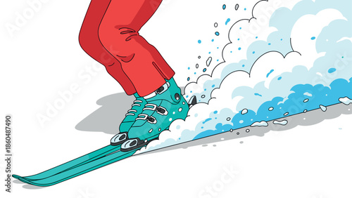 Dynamic alpine skiing action with colorful gear and snow spray