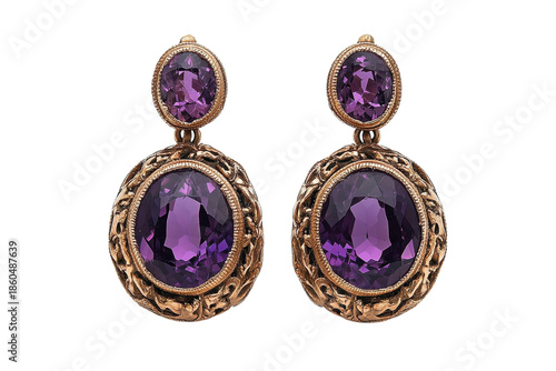 Stunning Amethyst Gold Drop Earrings with Ornate Vintage Filigree Design on transparent background