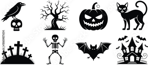 Halloween silhouette icons including haunted house, skull raven, skeleton, bat, graveyard, pumpkin, cat, tree on white background
