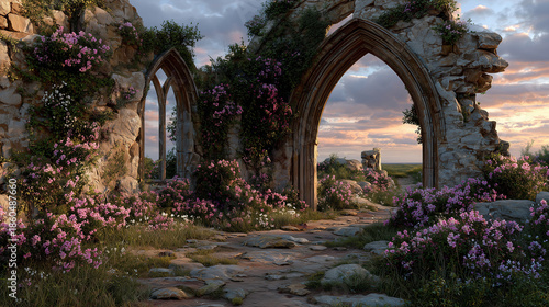 Enchanting ruins in springtime bloom, showcasing nature's beauty intertwined with ancient architecture