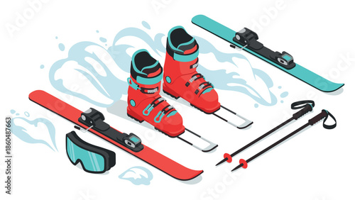 Isometric winter sports gear set including red ski boots, skis, goggles, and poles on snowy background