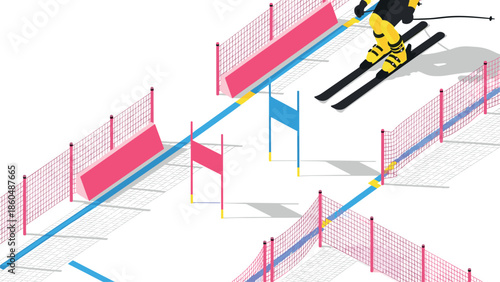Isometric ski racing scene with gates and snowy terrain