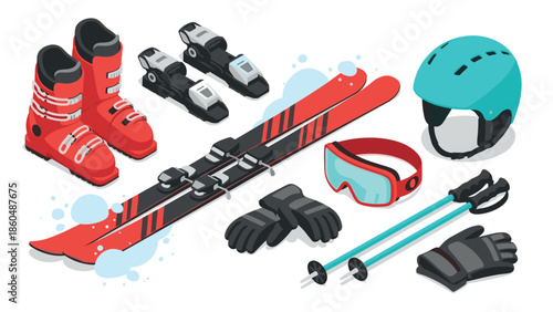 Winter sports gear set featuring skis, helmet, boots, goggles, and poles in isometric style