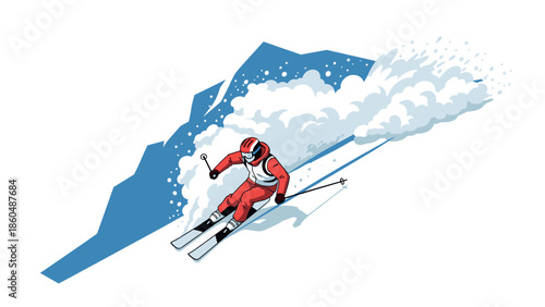 Dynamic skiing action on a snowy mountain slope in modern flat design