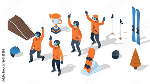 Isometric winter sports scene with snowboarders celebrating victory with trophy and equipment