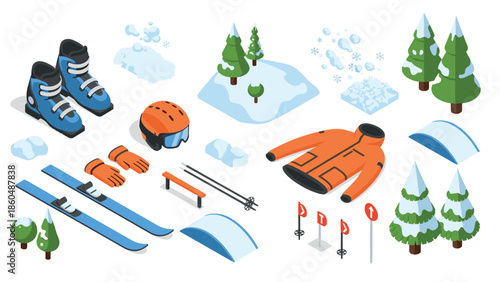 Winter sports gear and landscapes in colorful isometric design