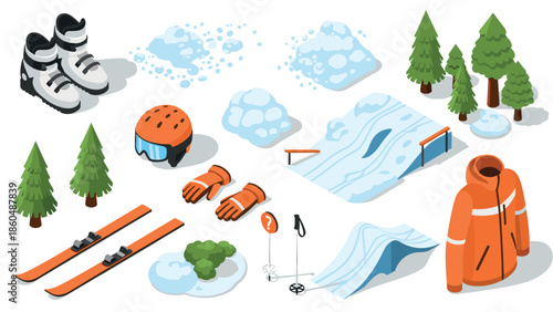 Winter sports gear and terrain elements in isometric design