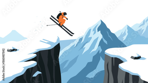Dynamic ski jump over snowy mountain landscape in flat design