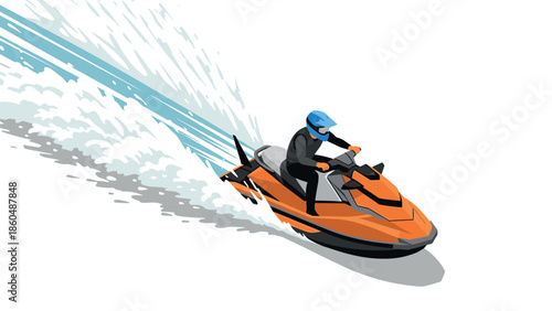 Dynamic orange jetski adventure in minimalist wave design