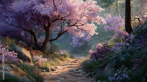 Enchanting spring landscape filled with blooming purple trees and vibrant flowers in a tranquil fantasy setting