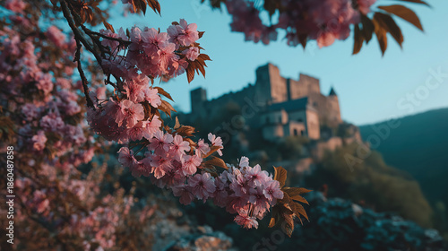 Spring blossoms frame a majestic castle at twilight under a soft blue sky, creating a magical fantasy landscape in nature's vibrant colors