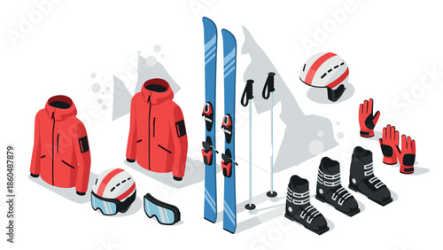 Essential winter sports gear in isometric style for skiing and snowboarding enthusiasts