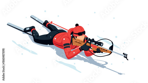 Biathlon athlete shooting in winter landscape with modern flat design