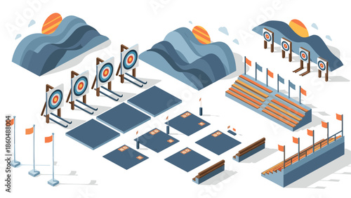 Archery training ground isometric design with targets and equipment