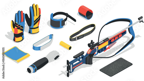 Modern biathlon equipment set with isometric shooting gear and accessories