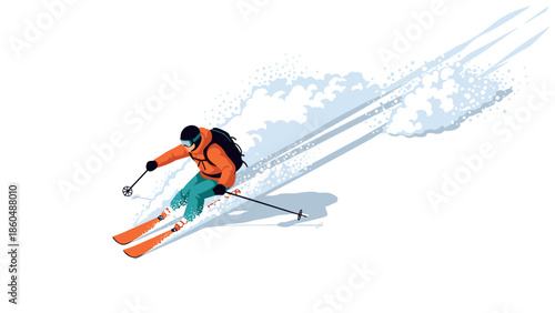 Dynamic skier in action on snowy slope with bold shadows