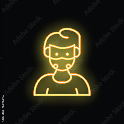Yellow neon sign of a man wearing a protective mask on a black background