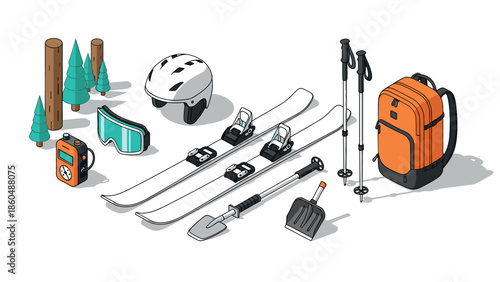 Isometric winter sports gear: ski equipment and accessories collection
