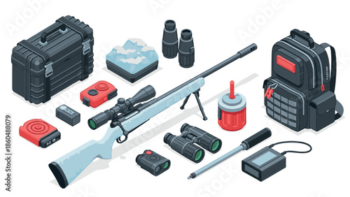Isometric hunting gear set with rifle and accessories for outdoor adventures