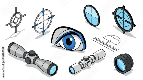 Optical sight devices and reticle icons in modern isometric design