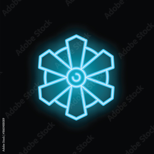 Glowing neon blue icon of a ventilator fan blowing cool air on a black background